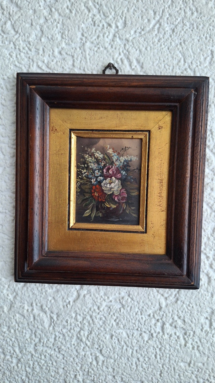 Antiek bloemenschilderij in sierlijke lijst, Bloemen, Paneel, Handgeschilderd, Ophalen of Verzenden
