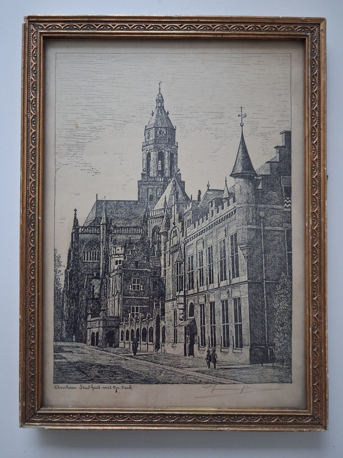 Ets Stadhuis en Grote Kerk Arnhem, gesigneerd, Ophalen, Ets, Stadsgezicht, Ingelijst