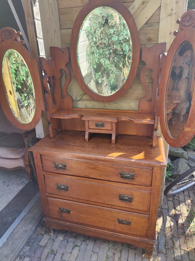 Brocante kaptafel, toilettafel met 3 ovale spiegel en lades, Antiek en Kunst, Ophalen
