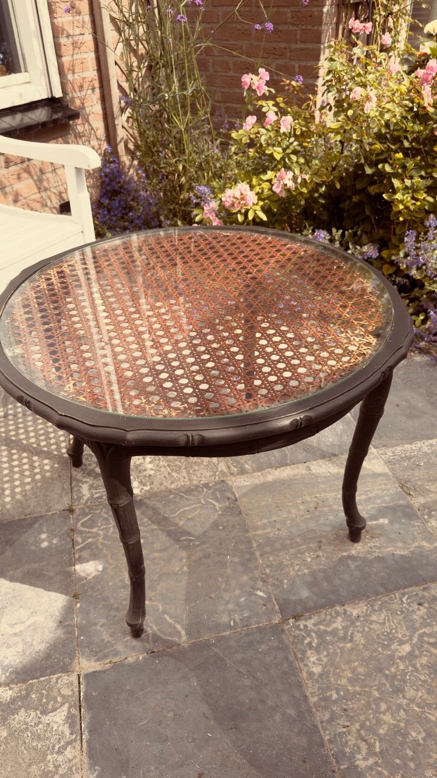 Faux bamboe salontafel met glasplaat, Ophalen, Gebruikt, 100 tot 150 cm, Rond