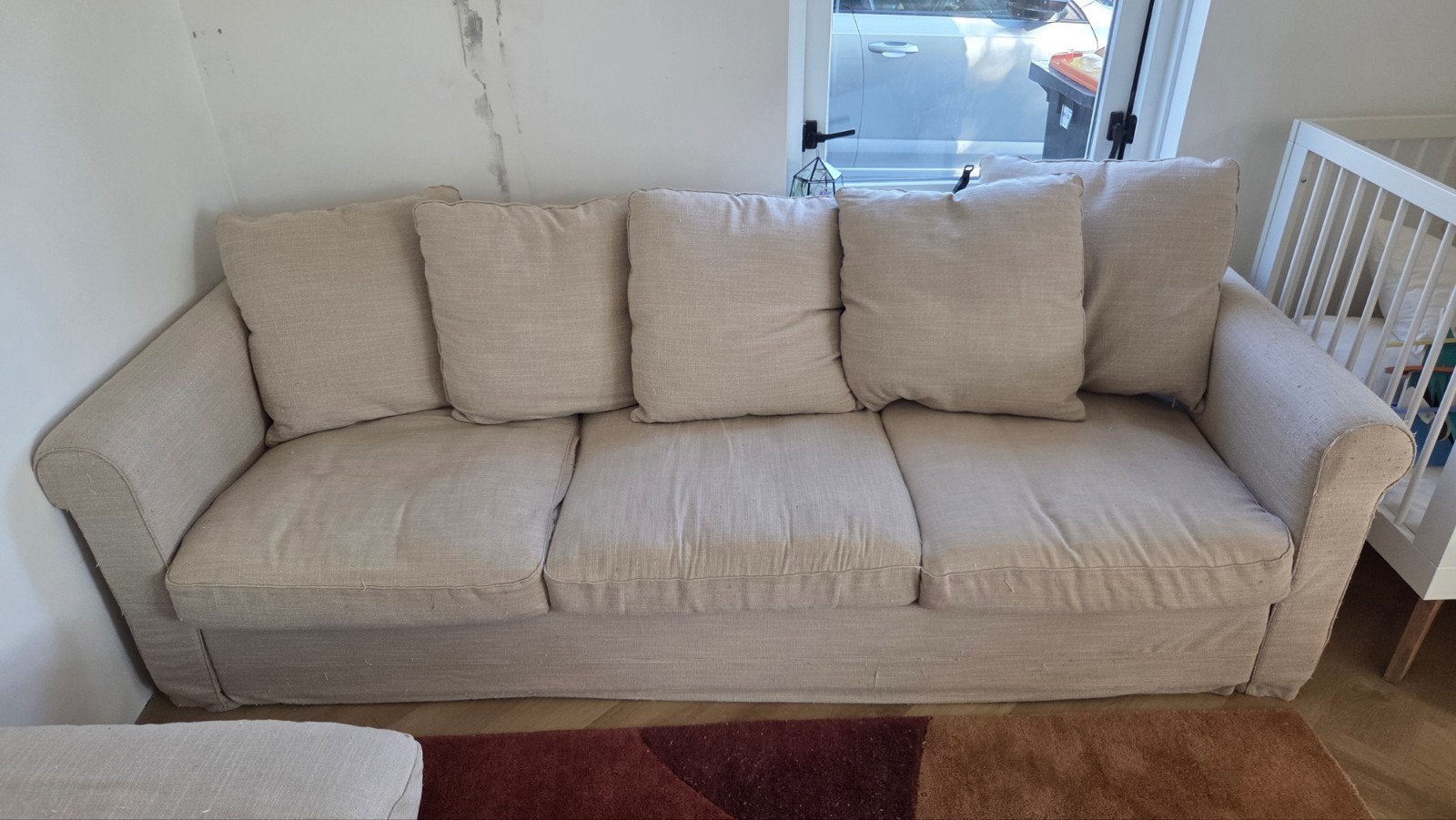 IKEA GRÖNLID 3-zitsbank met poef - beige, Huis en Inrichting, Ophalen, Gebruikt, Driepersoons, 75 tot 100 cm