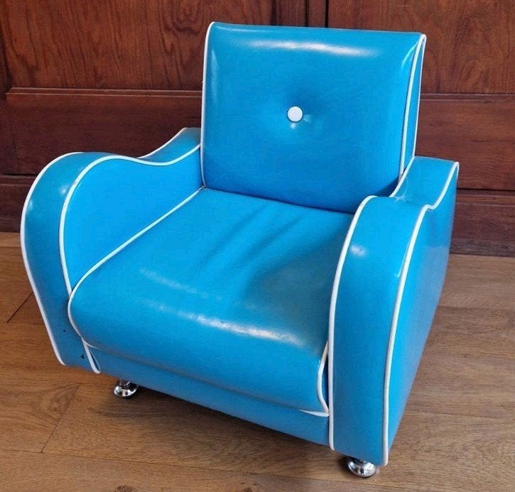 Design kinderfauteuil - Blauw kunstleer, Ophalen, Gebruikt, Overige typen