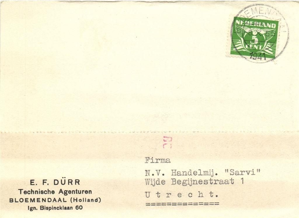 E.F. Durr, Bloemendaal - 10.1941 - briefkaart, Ophalen of Verzenden, Briefkaart