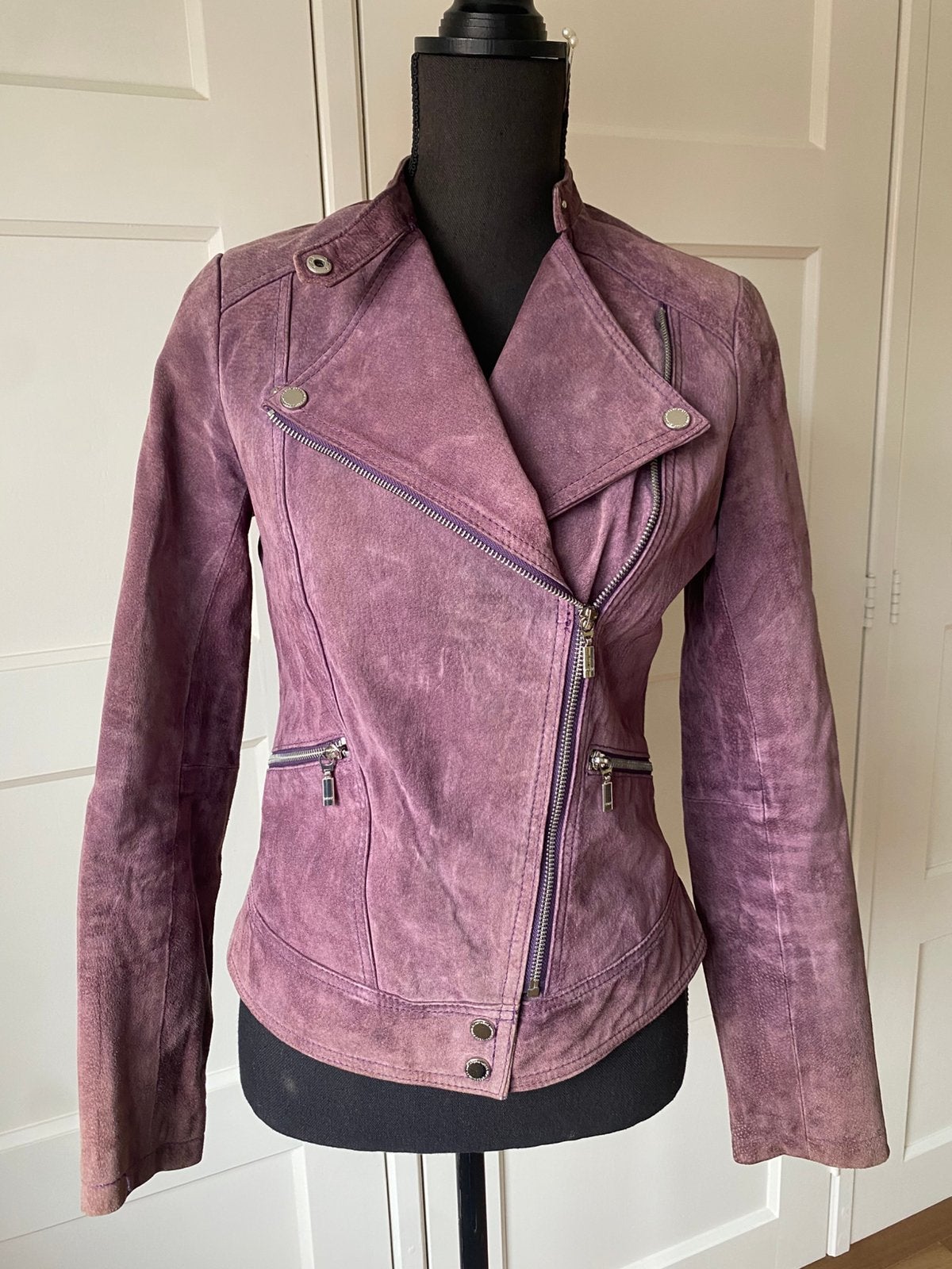 Stoere 100% leren biker jacket, Verzenden, Gedragen, Maat 36 (S), Paars