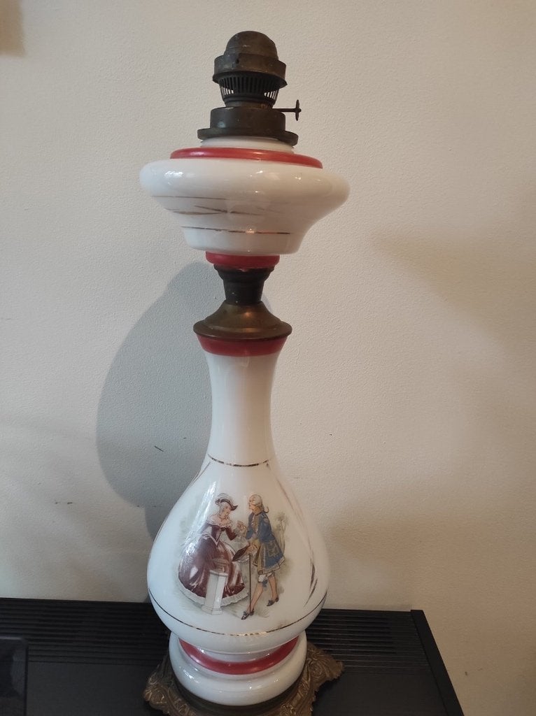 Grote antieke Franse staande opaline olielamp, Ophalen of Verzenden