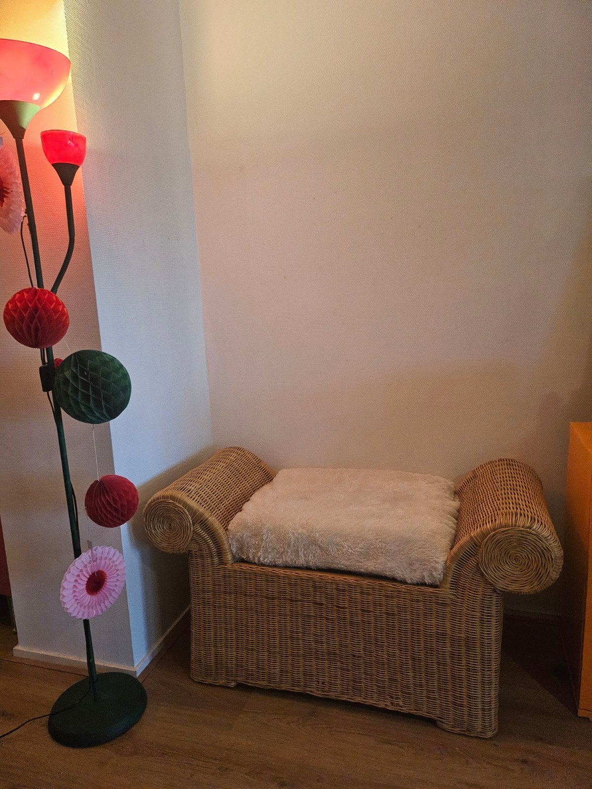 Vintage Rotan bankje/poef met kussen, Gebruikt, 100 tot 125 cm, Stof, 75 tot 100 cm