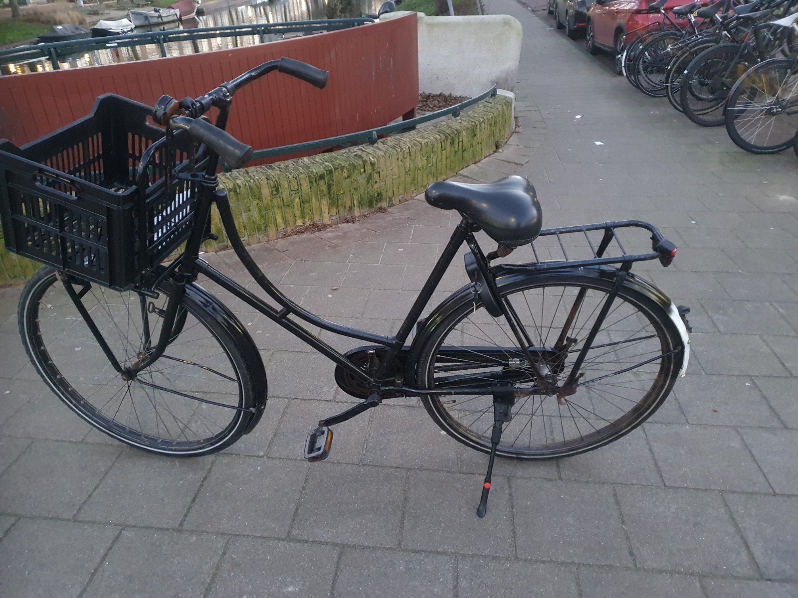 Damesfiets met voorrek, ringslot, lichten en bak, Terugtraprem, Ophalen, Overige merken, 53 tot 56 cm