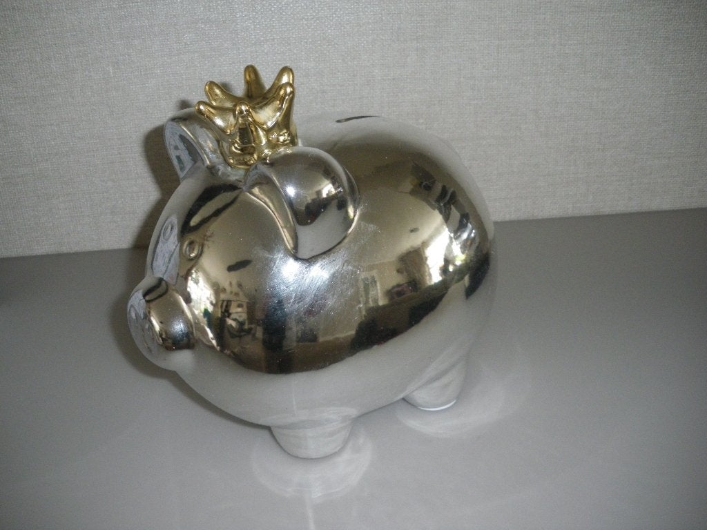 nieuw leuke zilver kleurige varkens spaarpot gouden kroontje, Ophalen of Verzenden, Nieuw