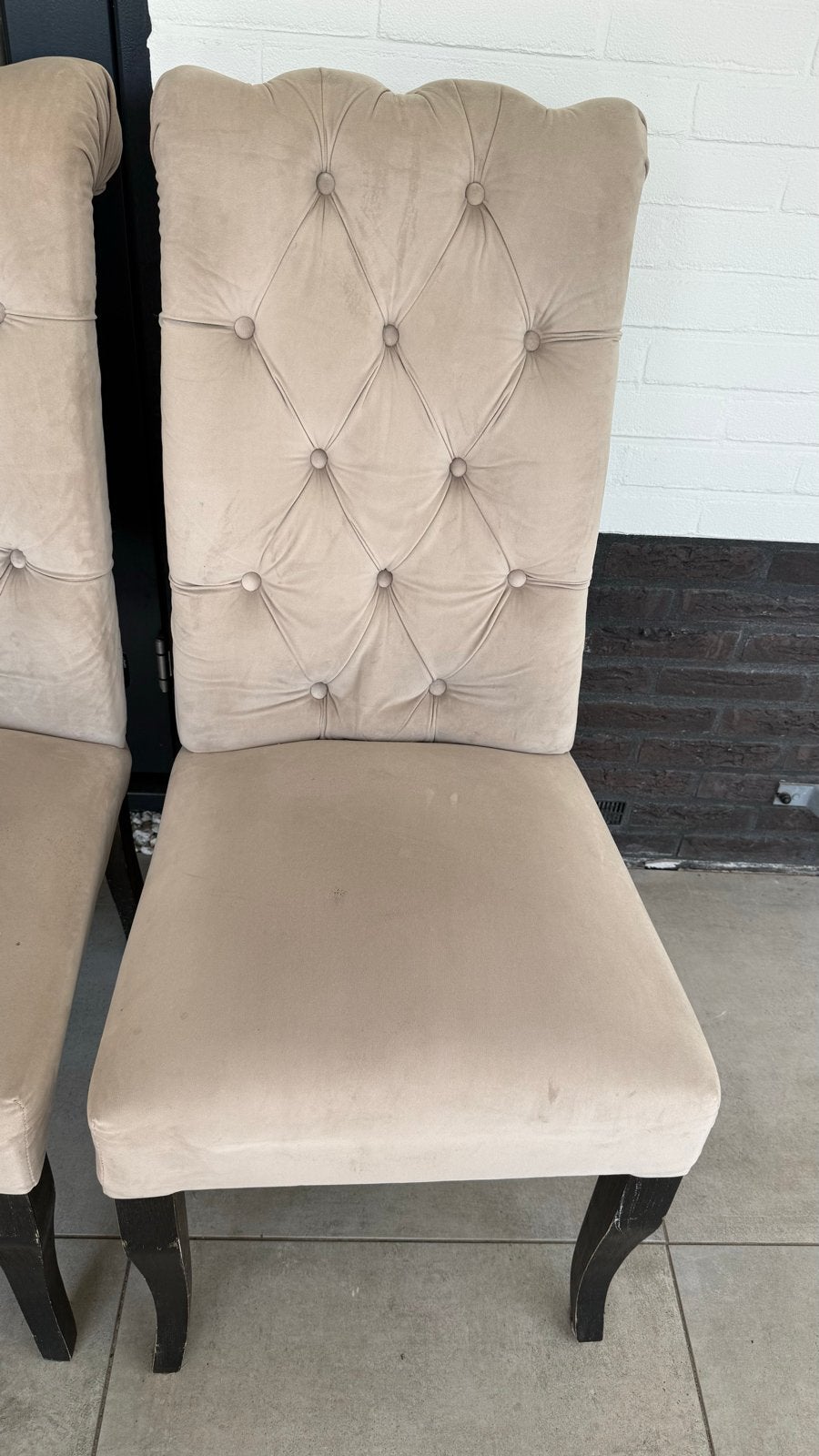Set van 3 Dubbelman Design eetkamerstoelen, beige velours, Ophalen, Gebruikt, Overige kleuren, Stof