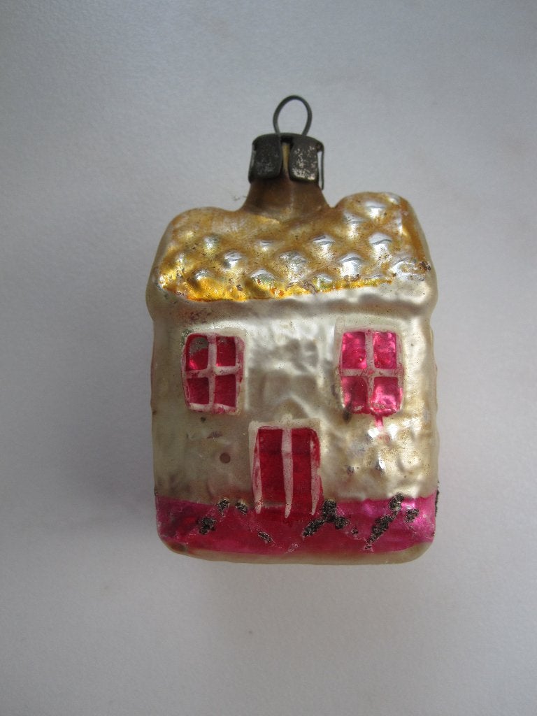 (Nr: 1) Antieke oude vintage kerstbal klein glazen huisje, Diversen, Kerst, Ophalen of Verzenden, Gebruikt