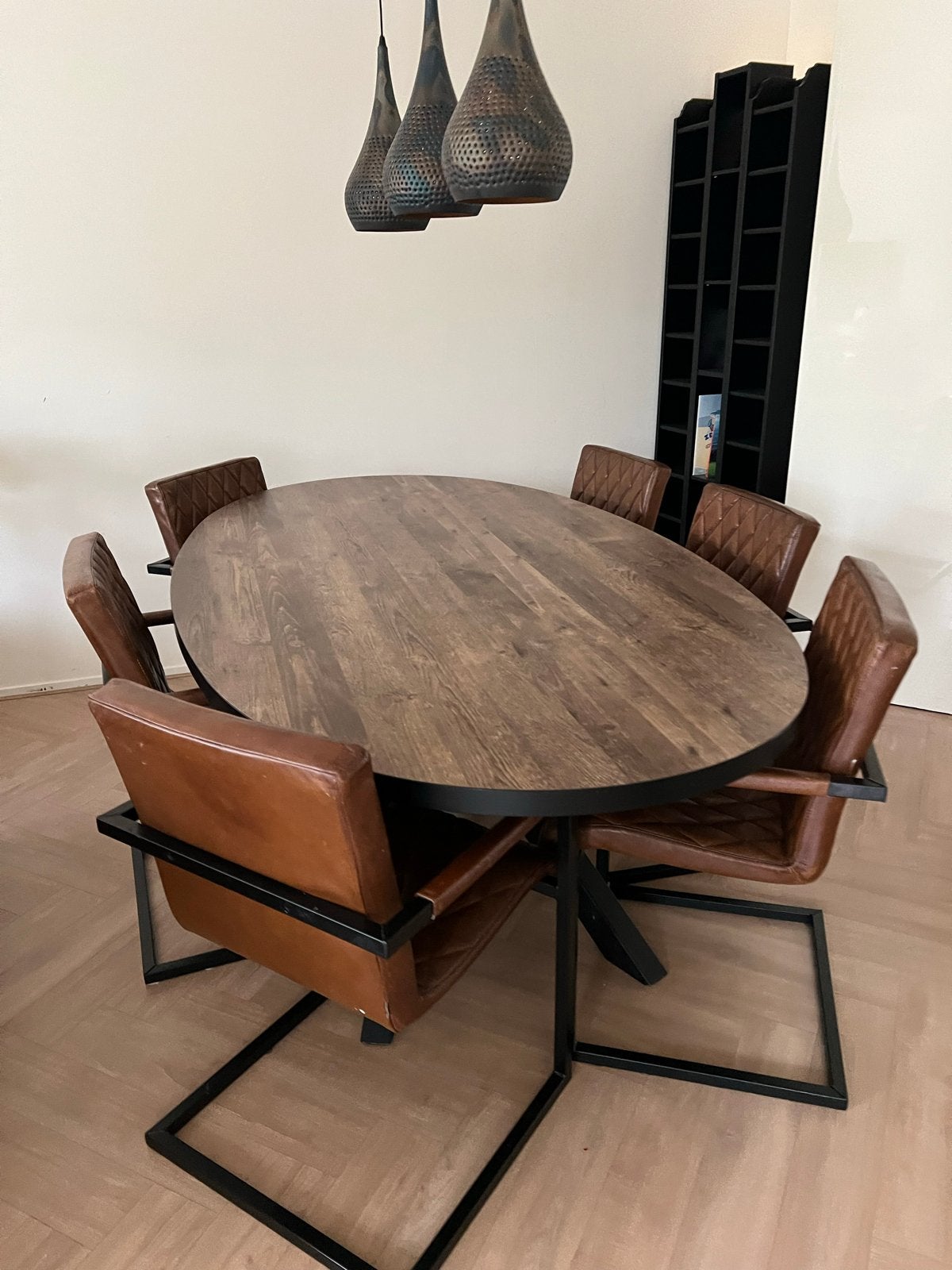 Grote eettafel met 6 leren stoelen, Ophalen, Kunststof, Gebruikt, 100 tot 150 cm