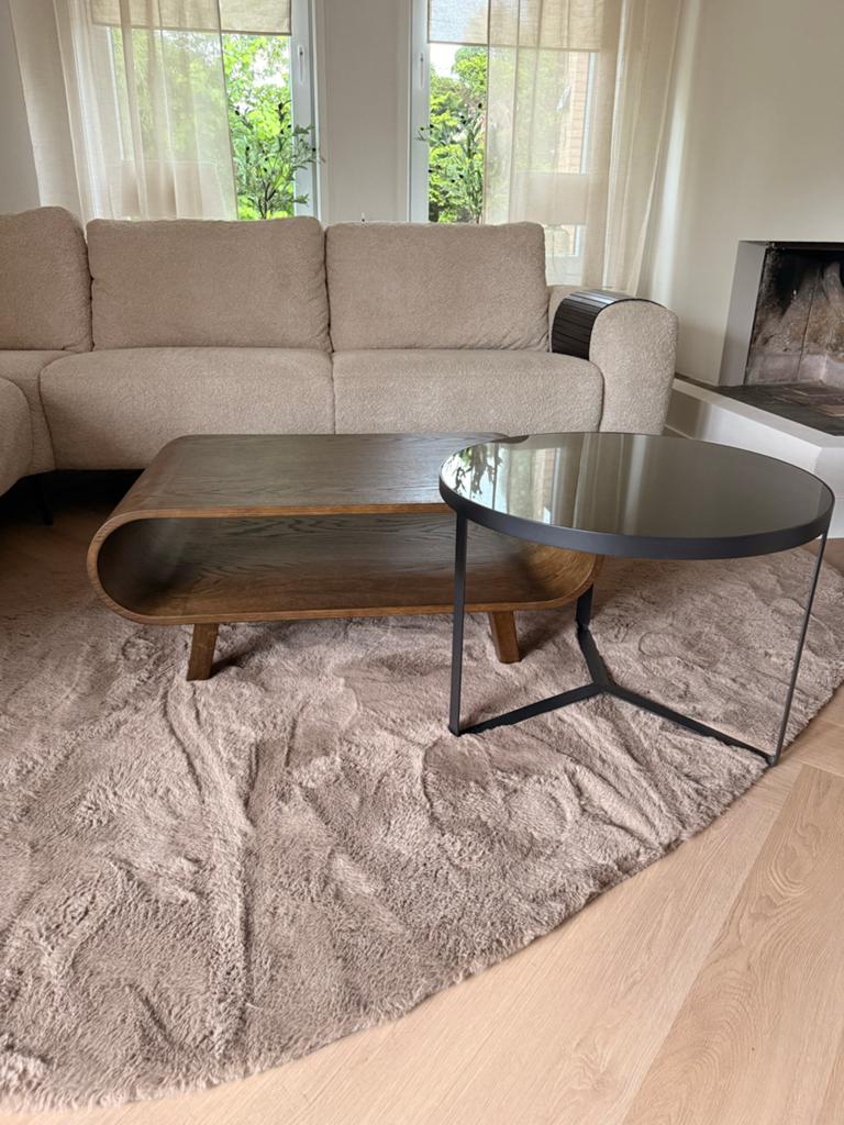 Walnoot houten salontafel met glazen bijzettafel, Ophalen, 100 tot 150 cm, 50 tot 100 cm, Zo goed als nieuw
