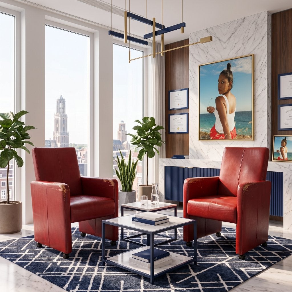 Ophalen:2x Red Rivas Goossens Dining Chairs on Wheels 35 eur, Ophalen, Overige materialen, Gebruikt, Minder dan 75 cm
