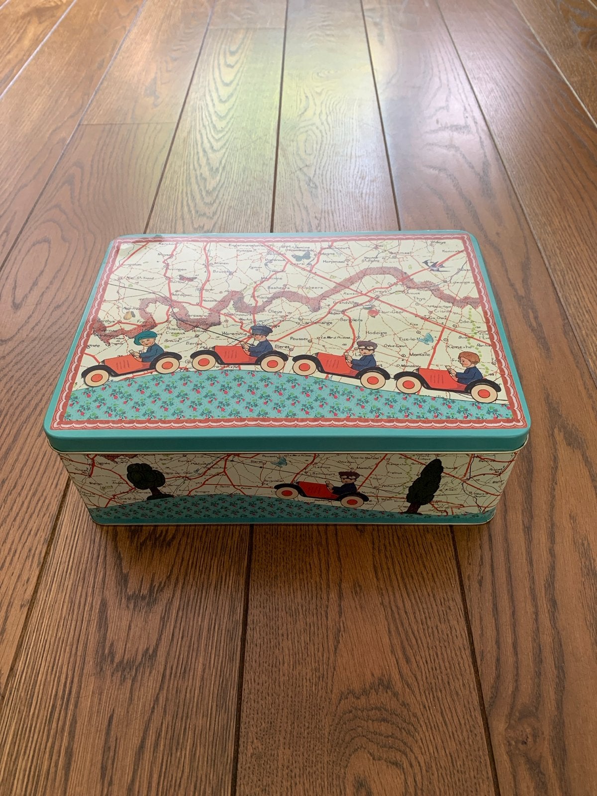 Vintage blik met Kaart en Auto's - Decoratieve Opbergdoos, Verzamelen, Ophalen of Verzenden, Zo goed als nieuw