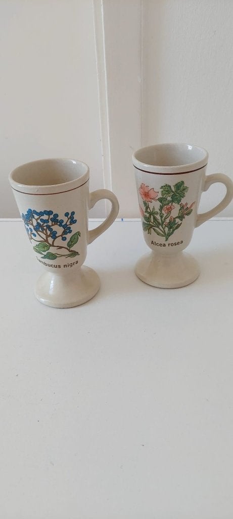 2 Vintage botanische bekers Alcea Rosea & Sambucus Nigra, Eu, Eu, Ophalen of Verzenden, Zo goed als nieuw