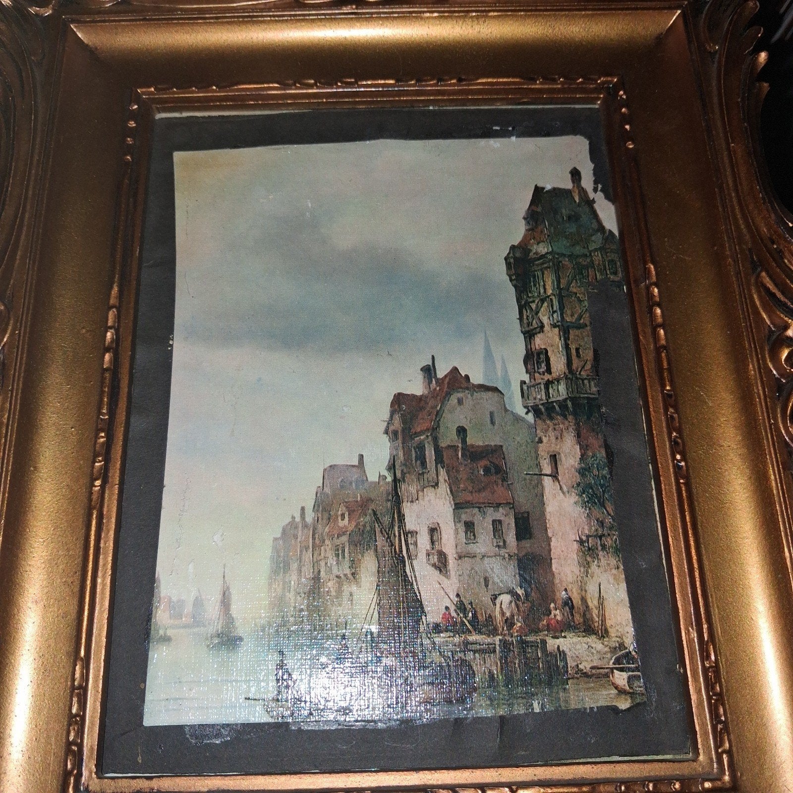 Klassiek schilderij: Stadsgezicht aan het water, Antiek en Kunst, Ophalen of Verzenden, Klassiek, Print, Ingelijst