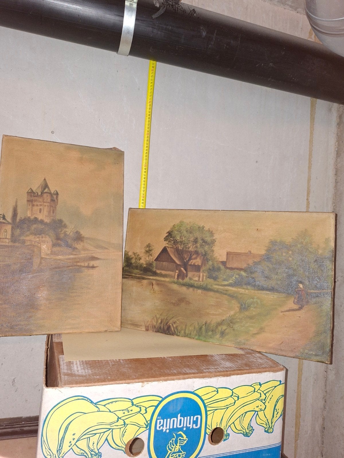 Twee Oude Landschapsschilderijen - Kasteel en Boerderij, Ophalen of Verzenden