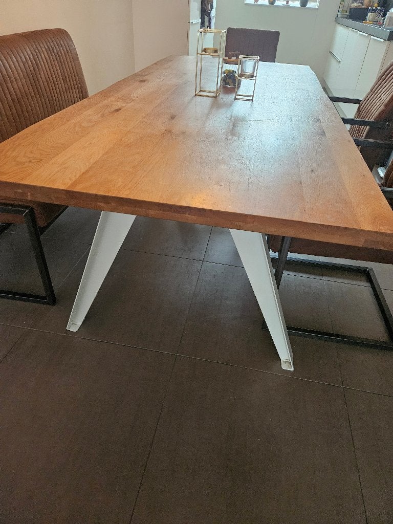 Massief houten eettafel van Loods 5 + eetbank en 3 stoelen, Ophalen, Gebruikt, 100 tot 150 cm, 200 cm of meer