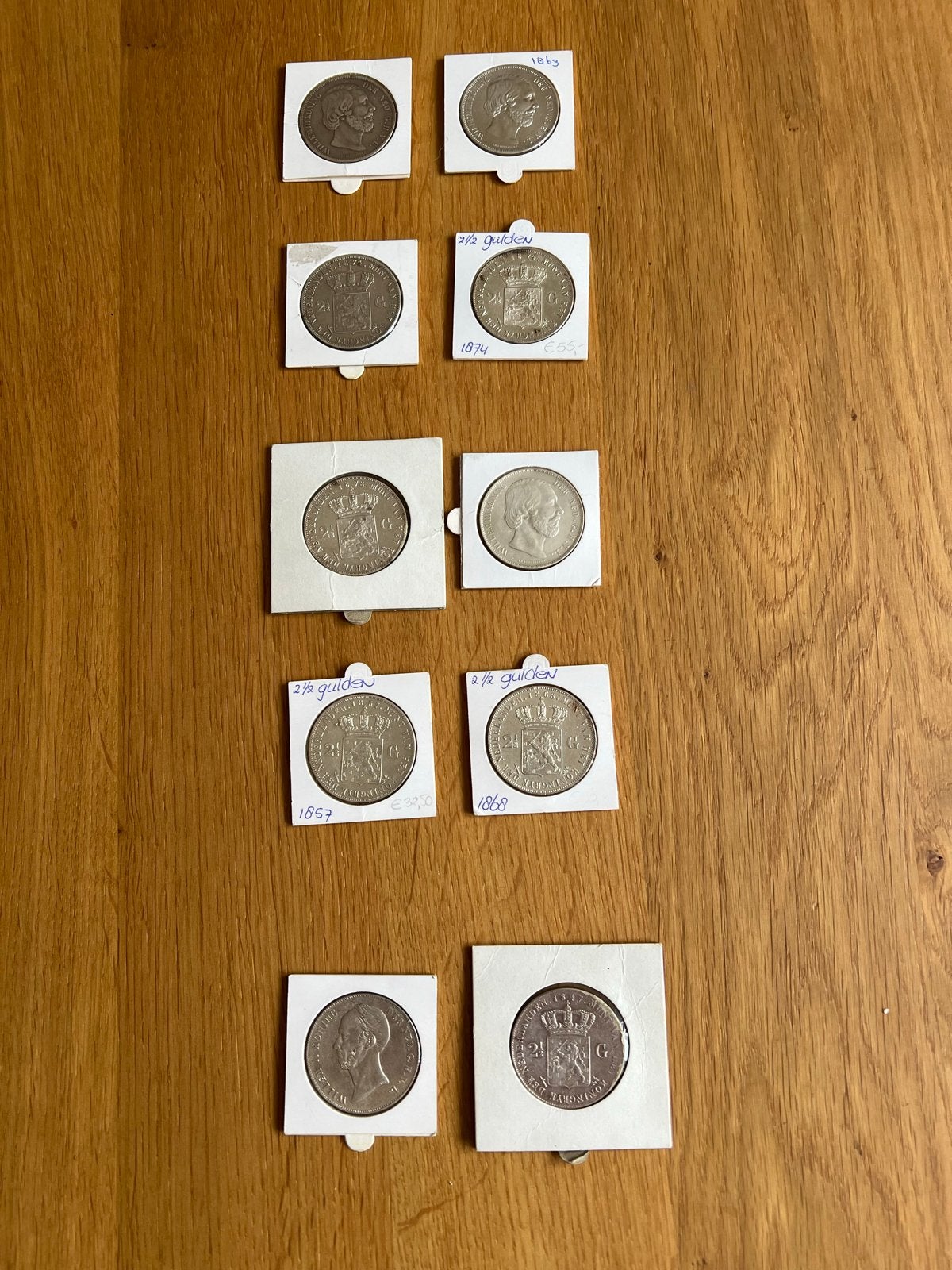 10 Nederlandse Zilveren Rijksdaalders- Willem II & I, Ophalen, Setje, Zilver, 2½ gulden