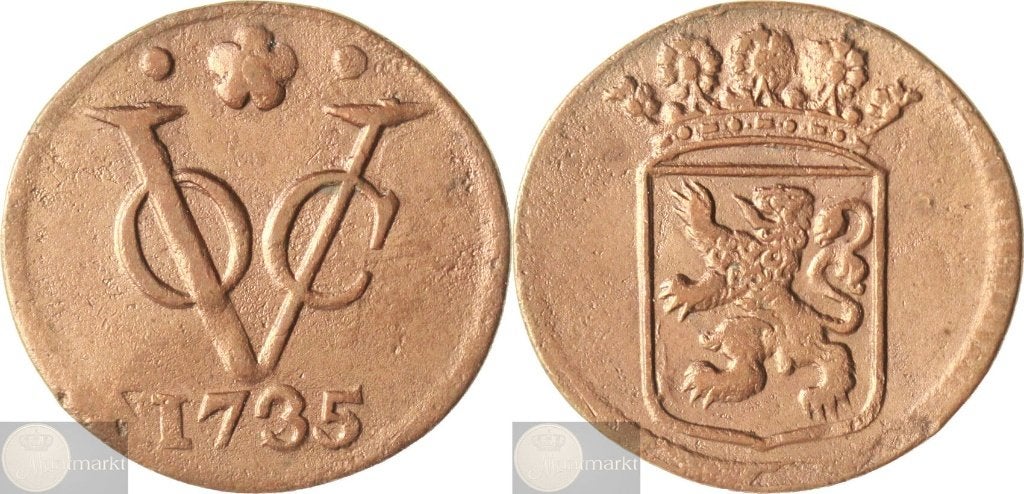 V.O.C. - Holland - Duit 1735 over 1725 jaartalwijziging, Ophalen of Verzenden, Vóór koninkrijk, Overige waardes, Losse munt
