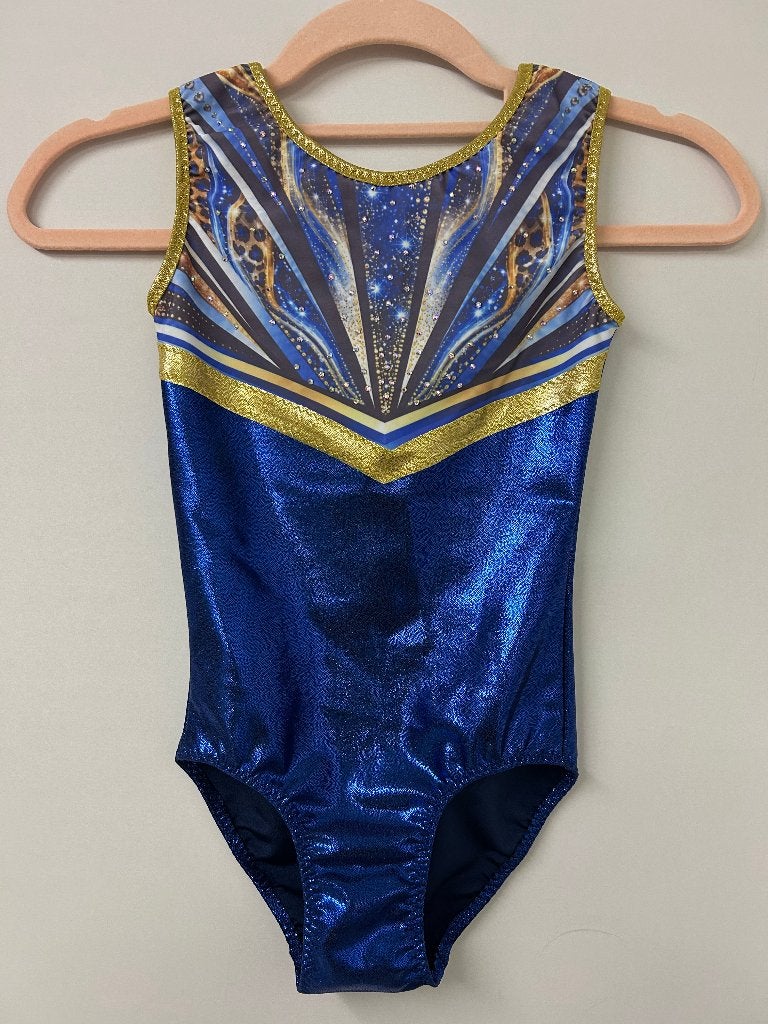 Nieuw turnpakje Maat 110 - blauw, goud, glitter, Blauw, Nieuw, Ophalen of Verzenden, Kleiner dan kindermaat 122