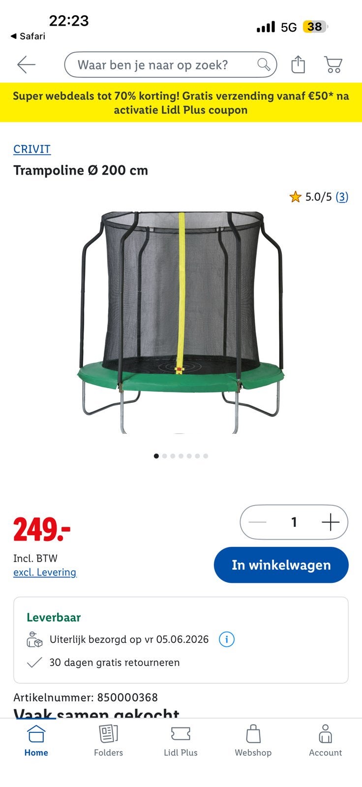Lidl trampoline 250 cm, Ophalen, Zo goed als nieuw