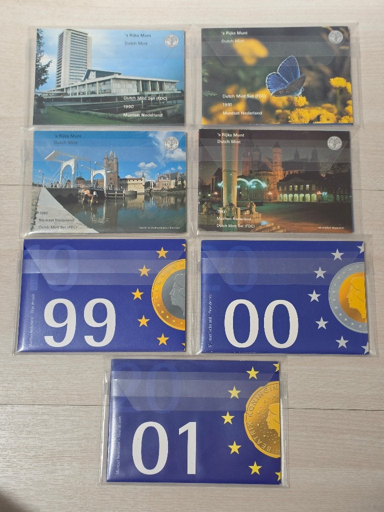 muntsets FDC Nederland 7x 1990 1991 1992 1993 1999 2000 2001, Ophalen of Verzenden, Koningin Beatrix, Overige waardes, Setje