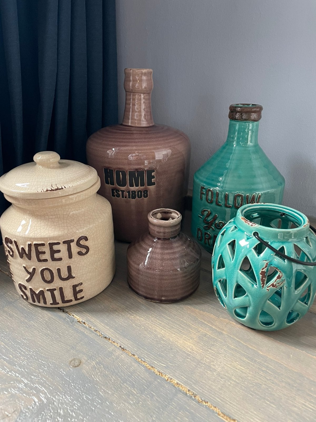 Mooi decoratie vazen/poten/windlicht set. 5 stuks., Ophalen of Verzenden, Zo goed als nieuw, Steen/keramiek, 30 cm