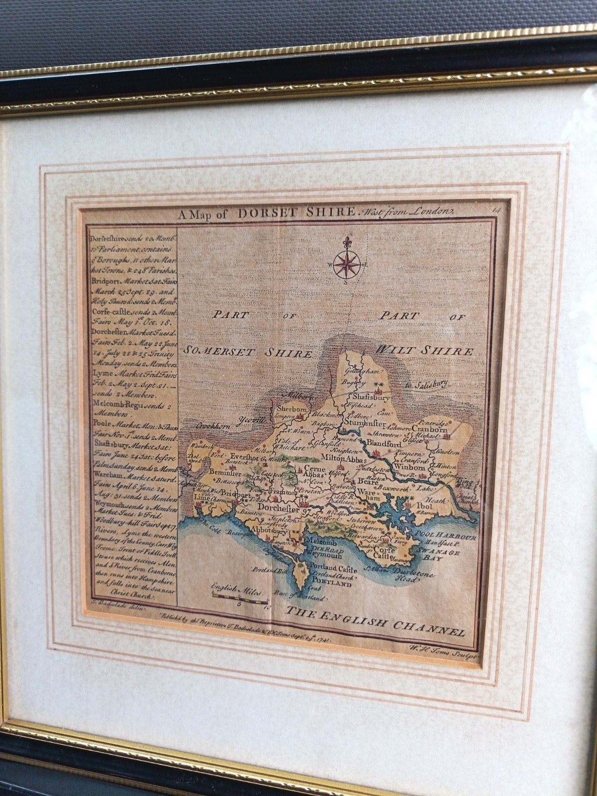 Antieke kaart van Dorset Shire - Ingelijst, 50 – 75, Oorspronkelijke maker, Ophalen of Verzenden, 50 tot 75 cm