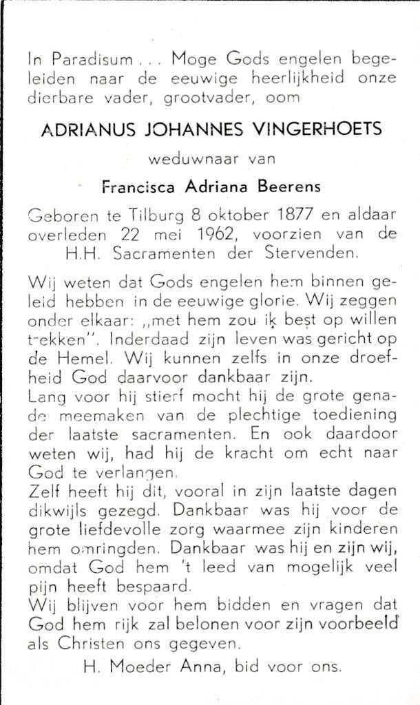 Vingerhoets Adrianus 1877 Tilburg 1962, Ophalen of Verzenden, Bidprentje