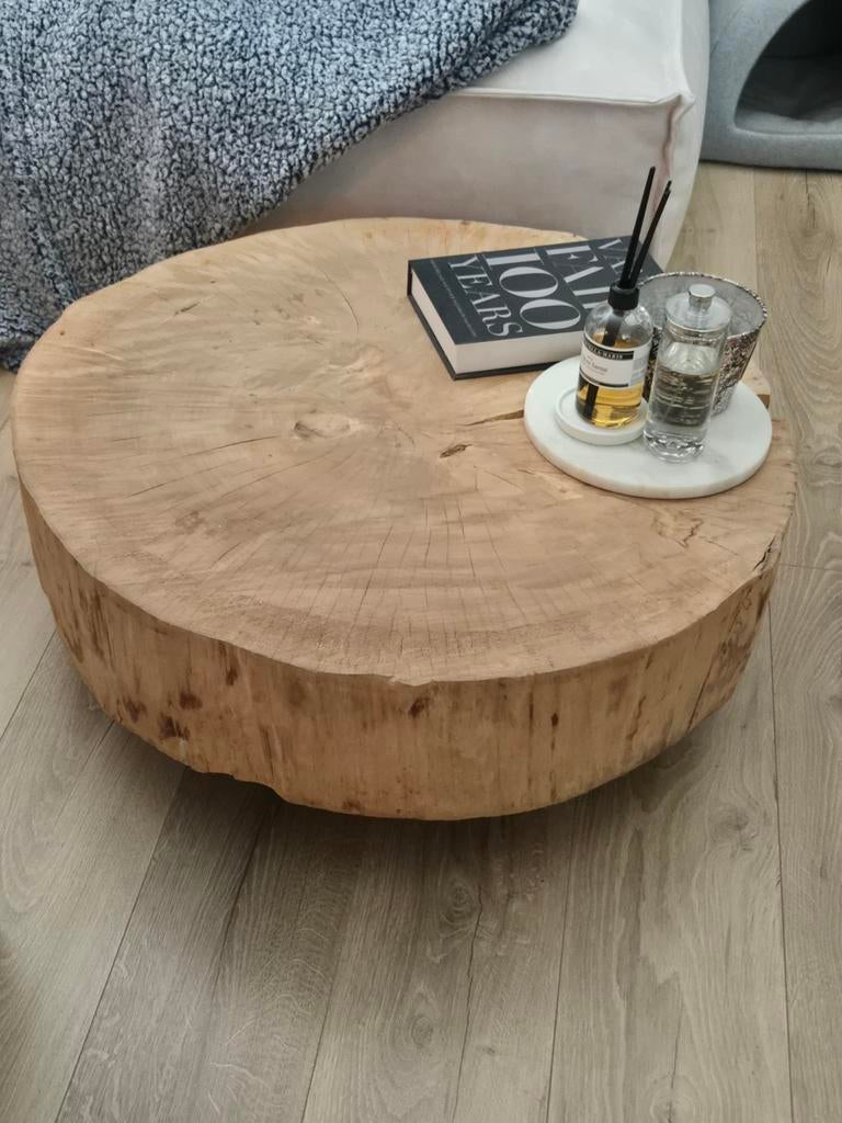 Unieke boomstam salontafel op wielen, Huis en Inrichting, Tafels | Salontafels, Ophalen, 50 tot 100 cm, Rond, 50 tot 100 cm