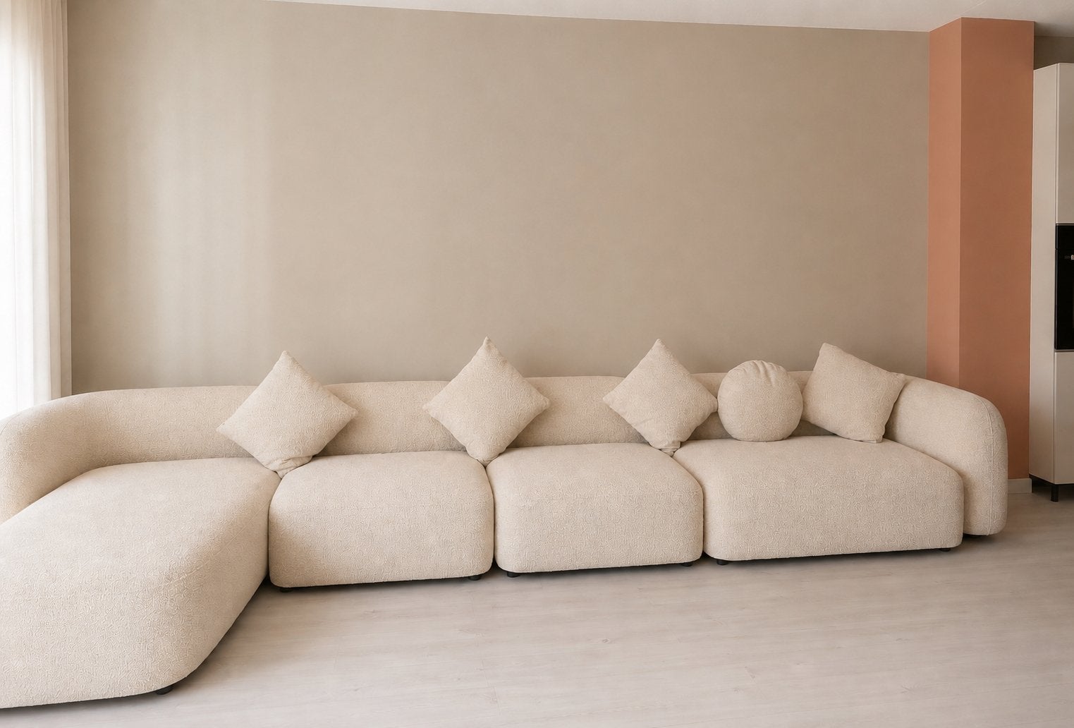 Luxe Design Hoekbank Bouclé – Zo goed als nieuw, Ophalen, 100 tot 125 cm, Hoekbank, 300 cm of meer
