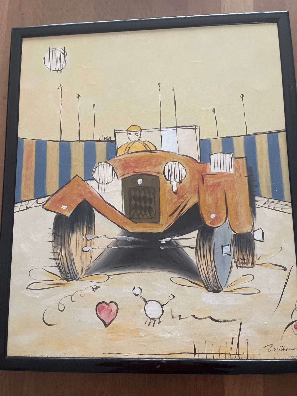 Modern schilderij van een auto, gesigneerd B. William, Antiek en Kunst, Overige materialen, Ophalen, Voertuigen, Gesigneerd