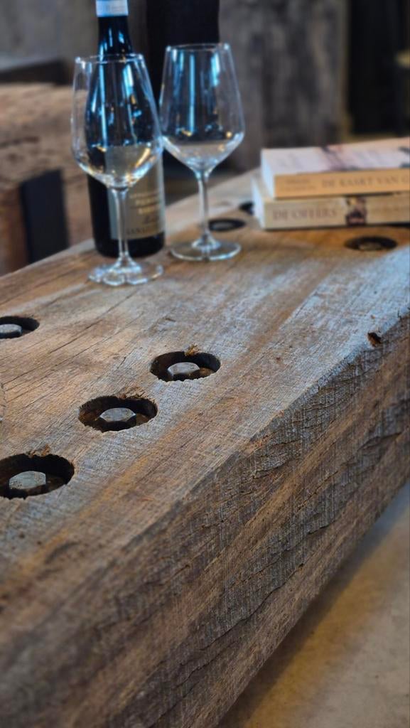 Robuuste salontafel van Azobe hardhout (oud brugdeel), Huis en Inrichting, Overige houtsoorten, Gebruikt, 100 tot 150 cm, Rustiek, Industrieel