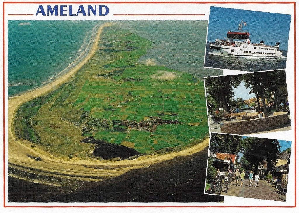 Ansichtkaart  	Ameland	4-luik	luchtfoto, Verzamelen, Verzenden, 1960 tot 1980, Gelopen, Waddeneilanden