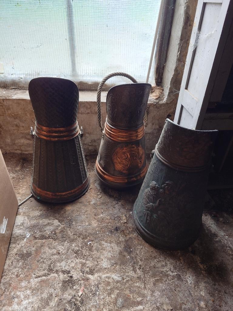 Partij van 4 brocante koperen kolenpotten / haardemmers, Ophalen of Verzenden
