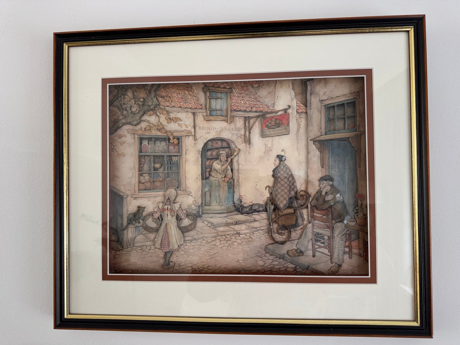 Gedetailleerd stadsgezicht met figuren, ingelijst, Antiek en Kunst, Kunst | Schilderijen | Klassiek, Realistisch, Aquarel, Ophalen