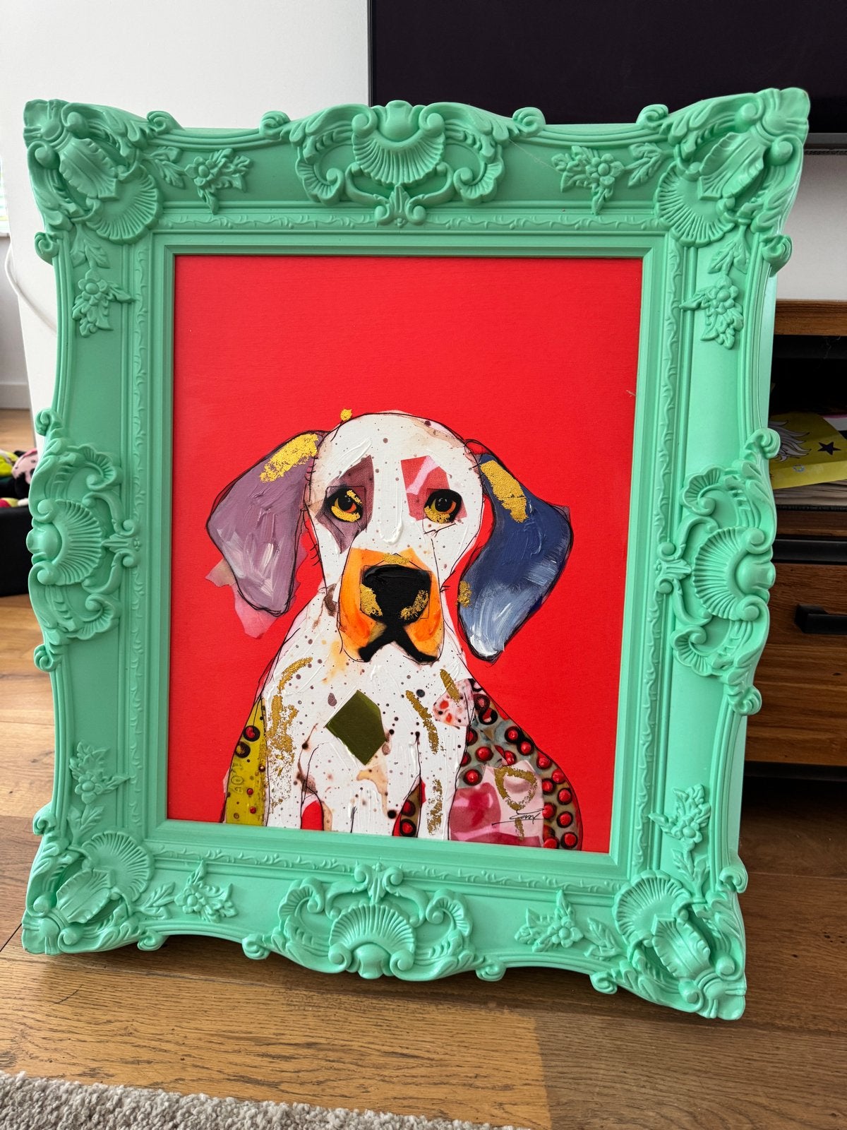 Kleurrijk Schilderij van Hond in Barokke Lijst, Ophalen, Abstract, Dieren, Doek