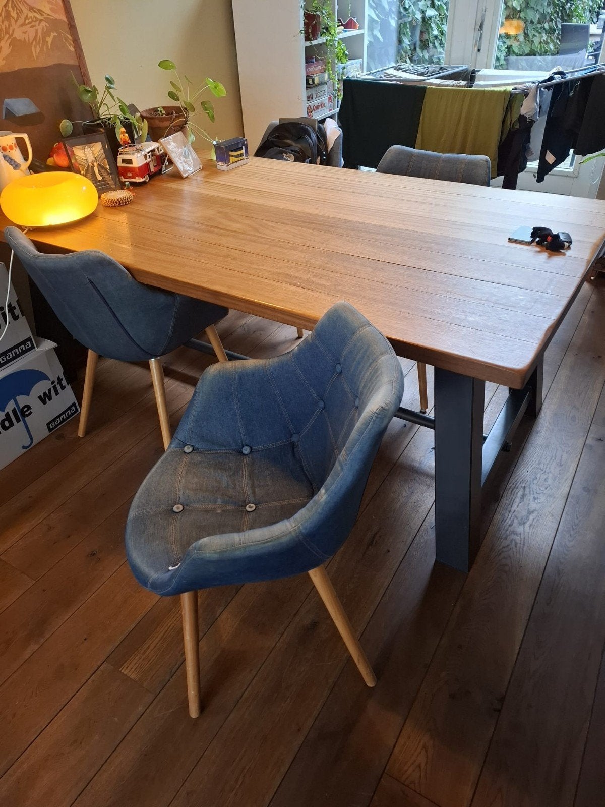 Blauwe spijkstof kuipstoelen x4, Ophalen, Gebruikt, 100 tot 150 cm, 50 tot 100 cm