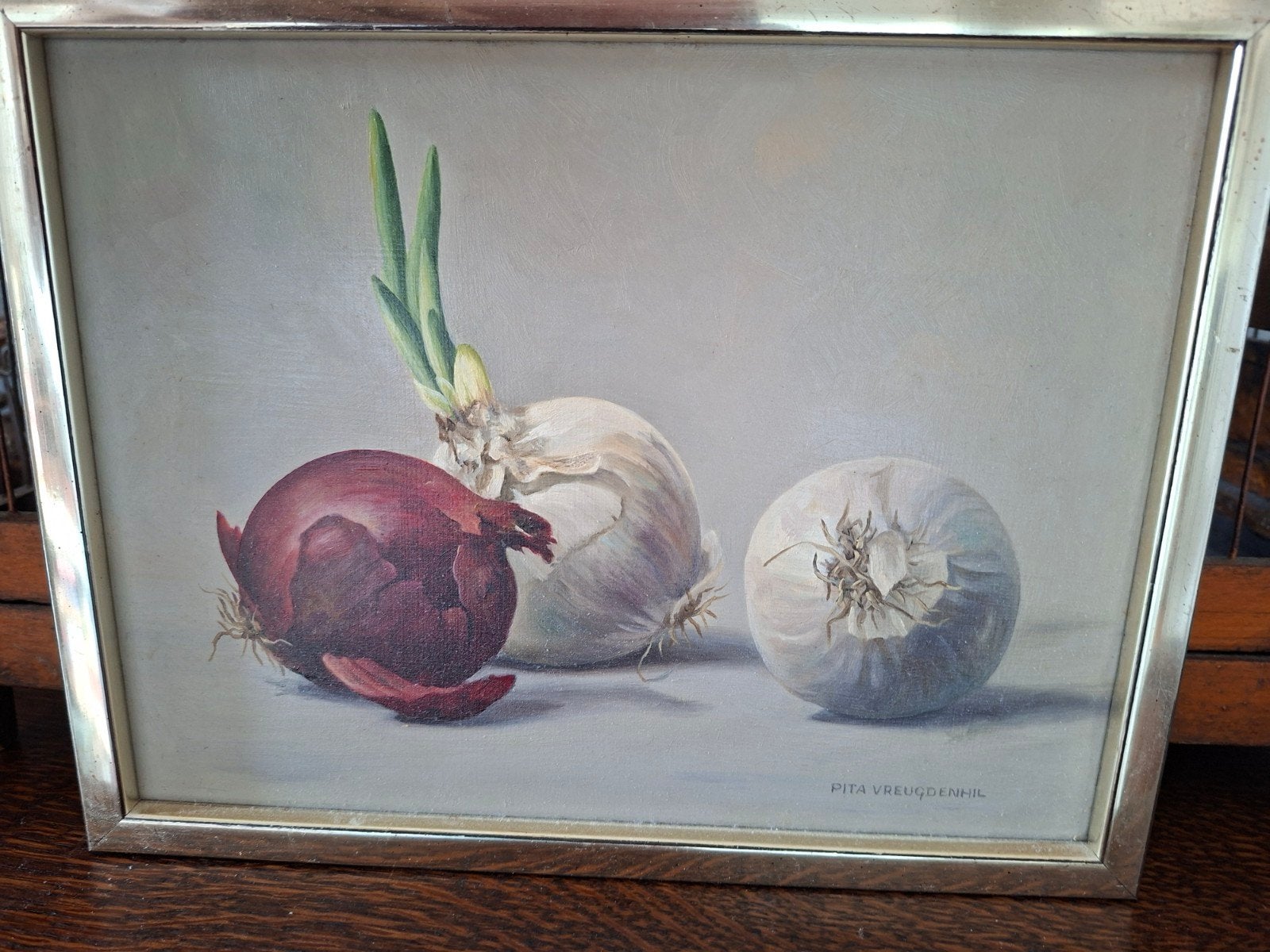 Olieverf op paneel - Stilleven met uien - Pita Vreugdenhil, Antiek en Kunst, Kunst | Schilderijen | Klassiek, Paneel, Realistisch
