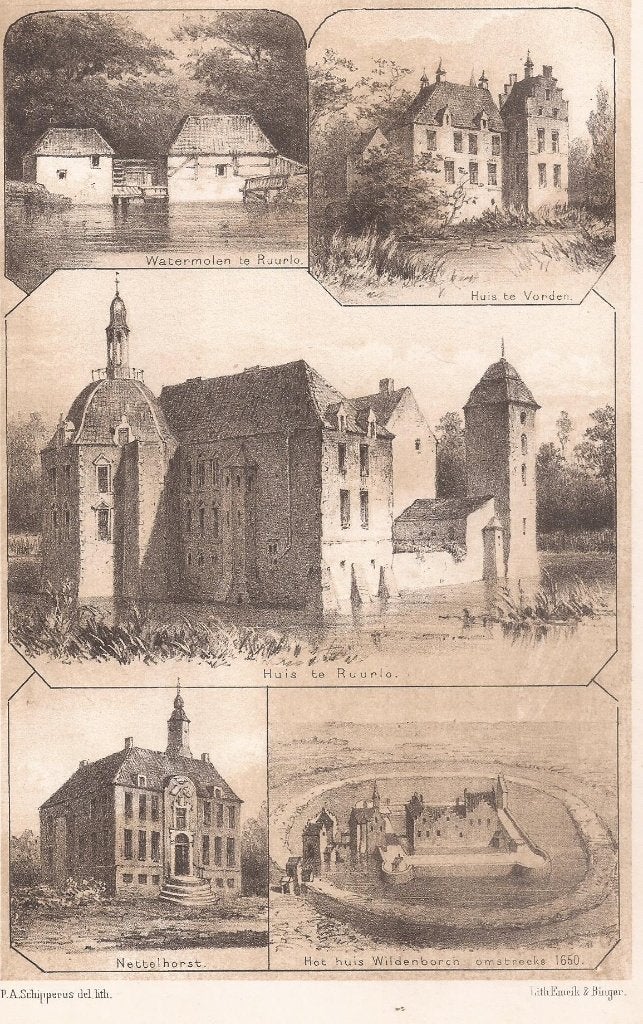 Watermolen Ruurlo Huis Vorden Huis Ruurlo Nettelhorst litho, Ophalen of Verzenden, Blanco verso, 14 cm, Landschap
