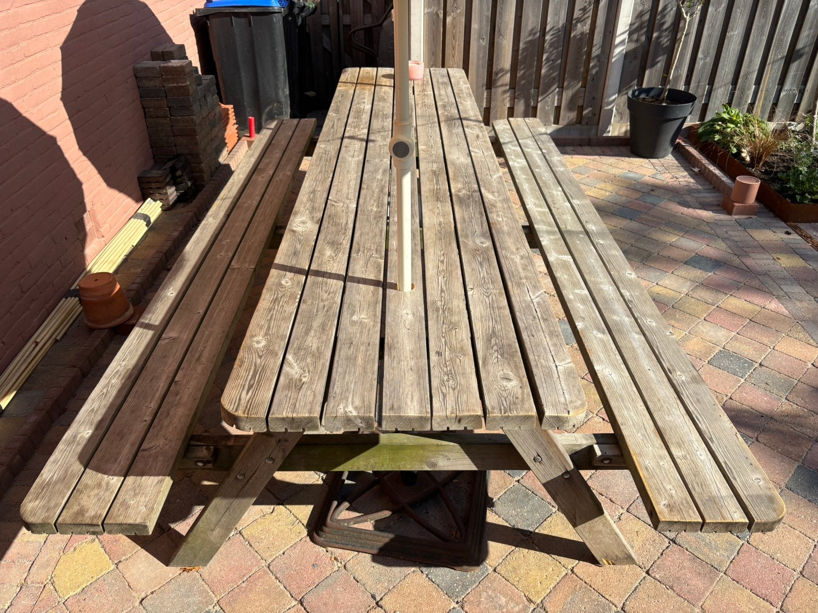 Grote picknicktafel 3 meter 12 persoons., Tuin en Terras, Picknicktafels, Ophalen, Gebruikt, Inklapbaar, Rechthoekig