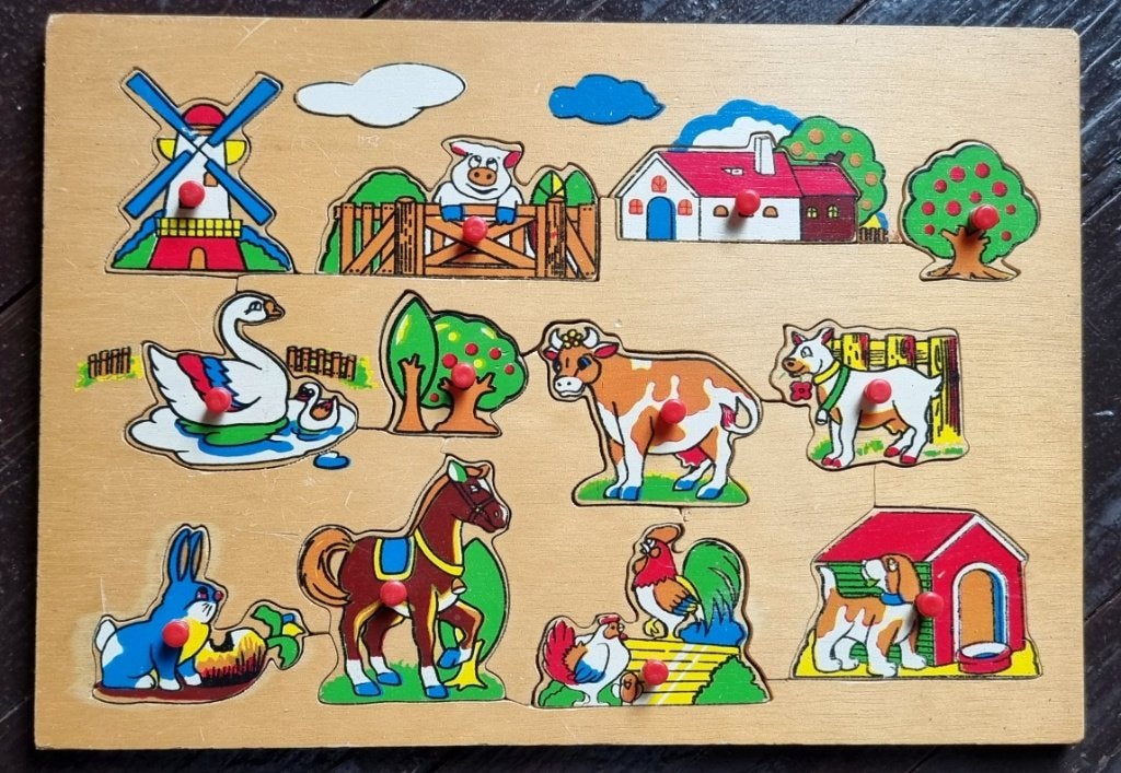 Houten knopjespuzzel Nederland - 12 stukjes - IZGST, Ophalen of Verzenden, 10 tot 50 stukjes, Zo goed als nieuw, Van hout