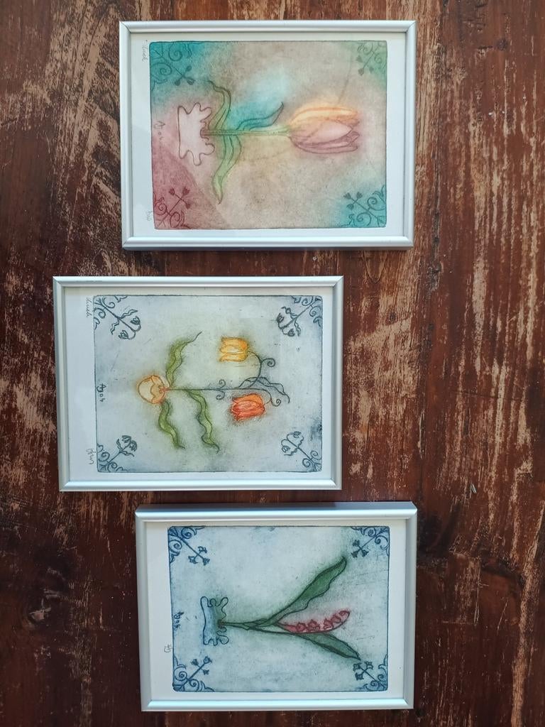 Set van 3 ingelijste aquarellen bloementhema, Antiek en Kunst, Ophalen of Verzenden