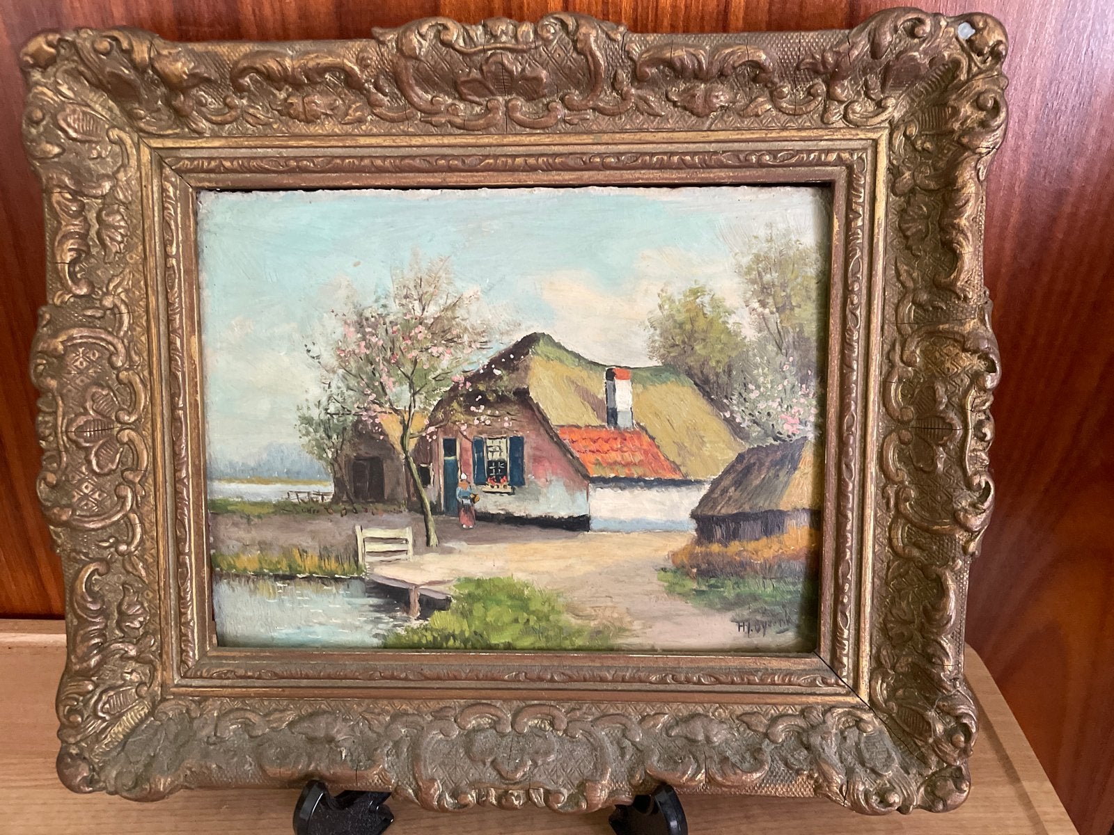 Oud Hollands tafereel schilderij met lijst boerderij, Antiek en Kunst, Ophalen of Verzenden