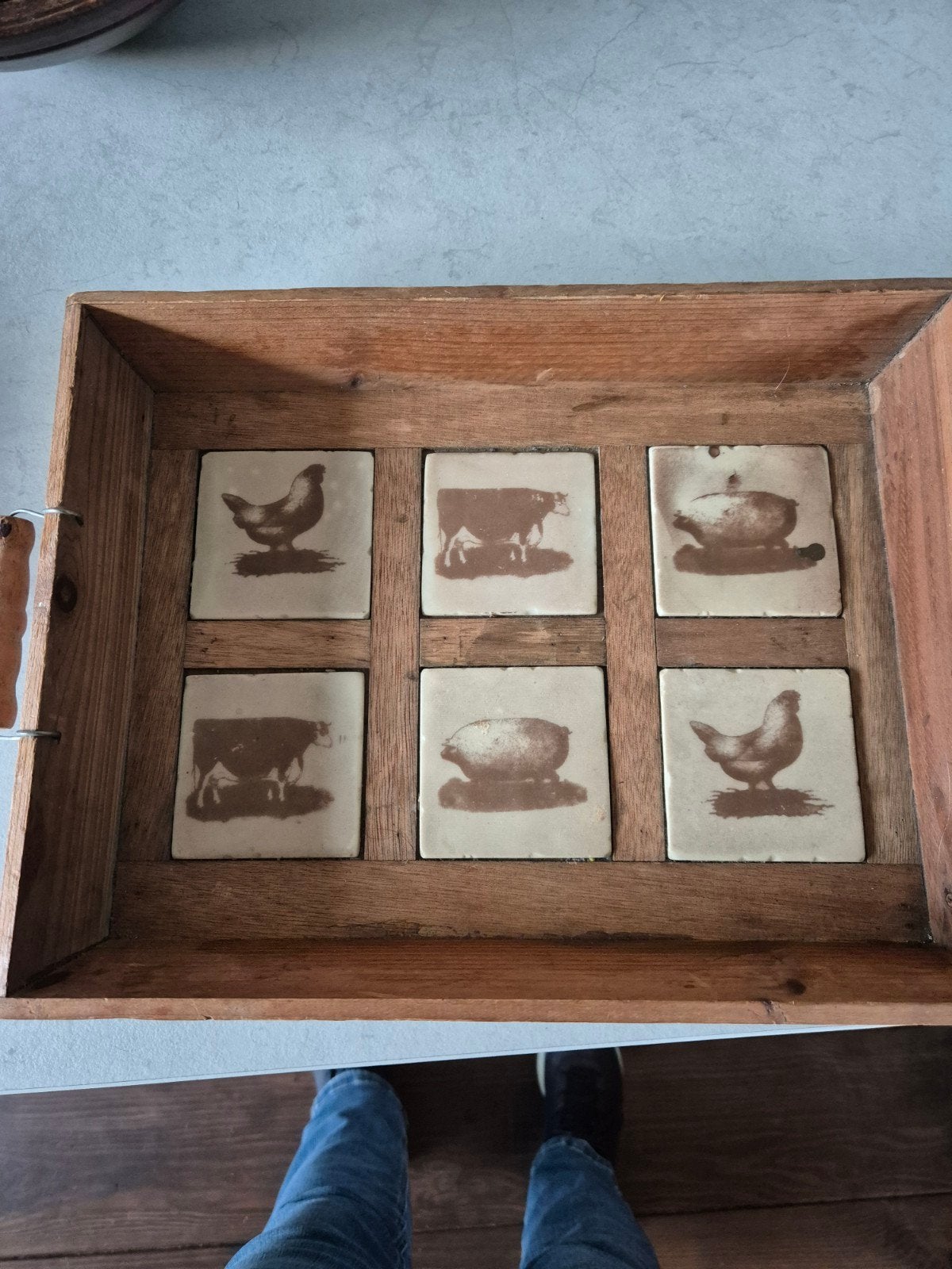 Vintage houten dienblad met boerderijdieren tegels, Ophalen of Verzenden
