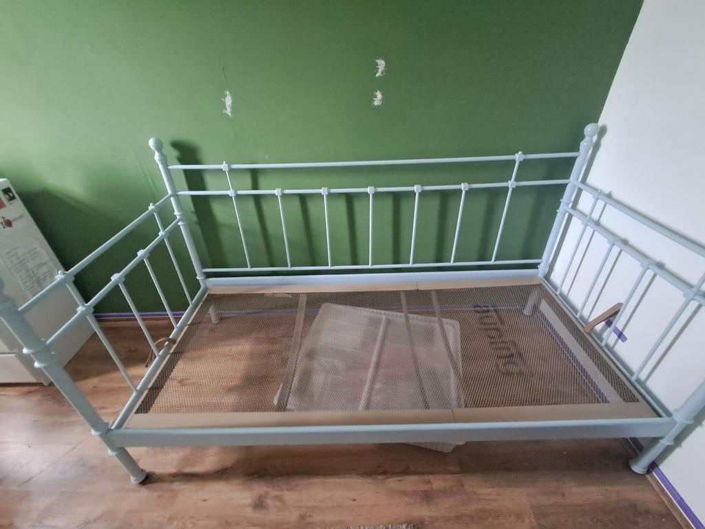 Ikea spijlen bed met Auping bedbodem, Huis en Inrichting, Ophalen, 90 cm, Eenpersoons, Blauw