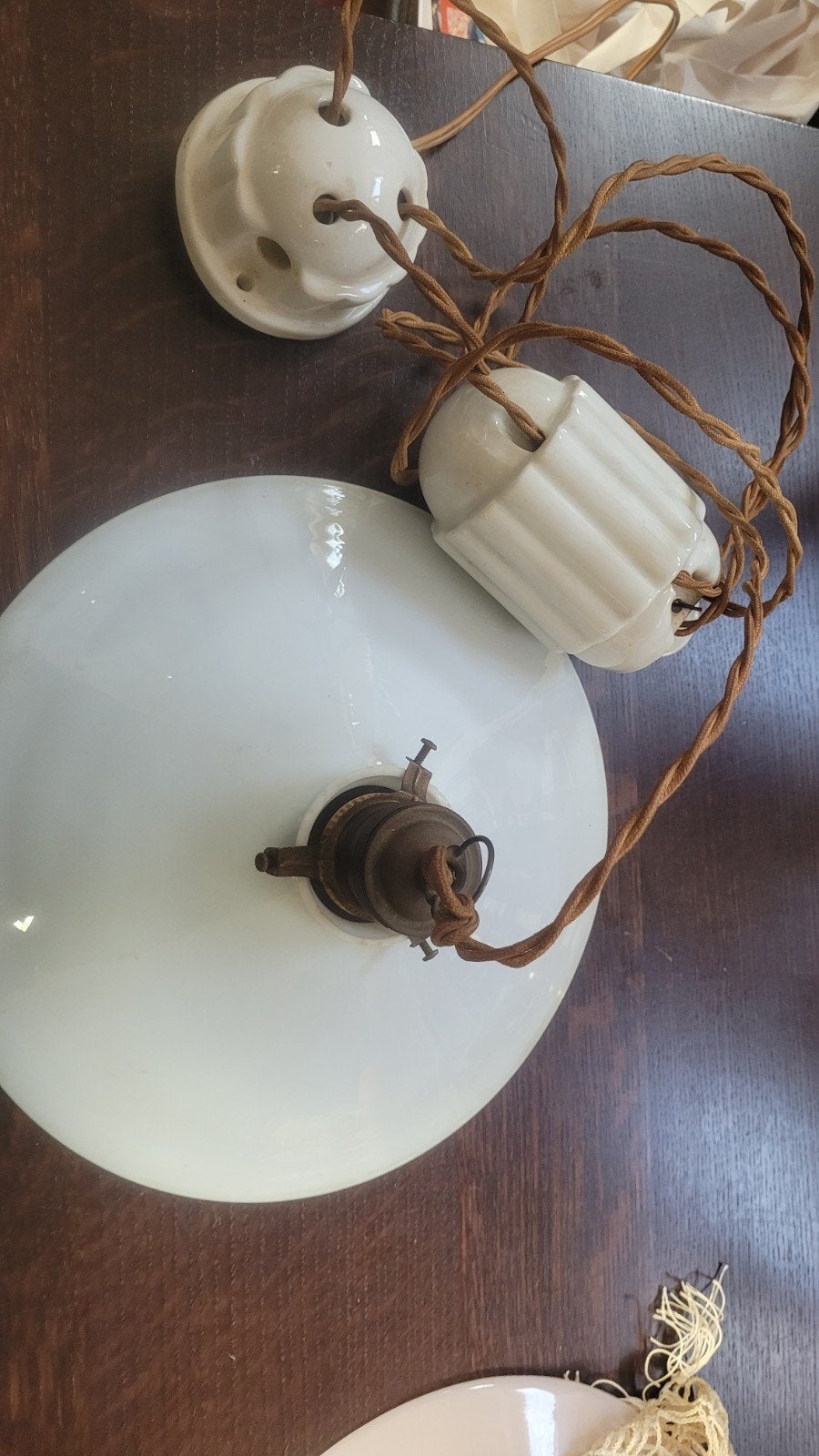 Opaline antieke hanglamp met porseleinen katrolsysteem + ext, Ophalen of Verzenden