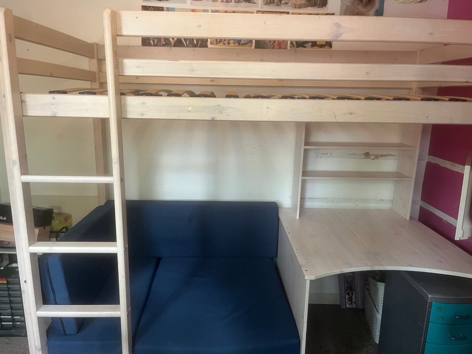 Te koop hoogslaper Jip met chill-hoek/bedbank en bureau, Ophalen, Gebruikt, Eenpersoons, 90 cm