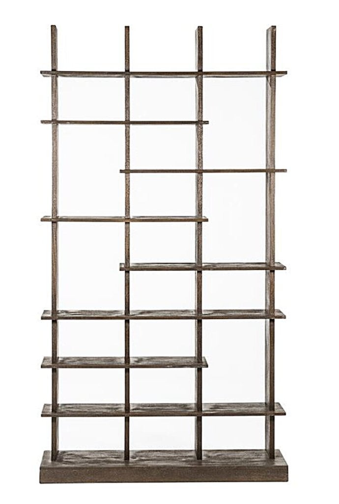 Donkerbruine houten japandi / wabisabi vakkenkast wandkast, Ophalen, Met plank(en), 200 cm of meer, Zo goed als nieuw